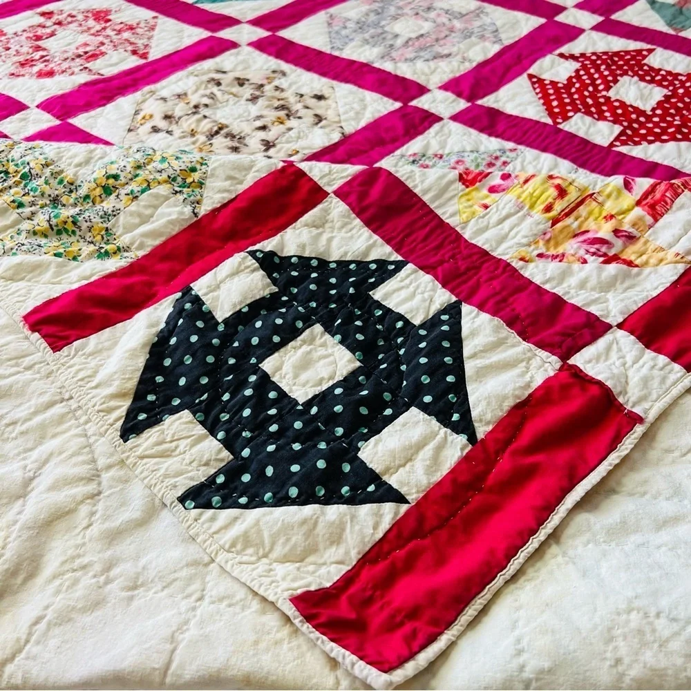 68”x86” Vintage from 1960’s Cotton Handmade and Hand Stitched Quilt.